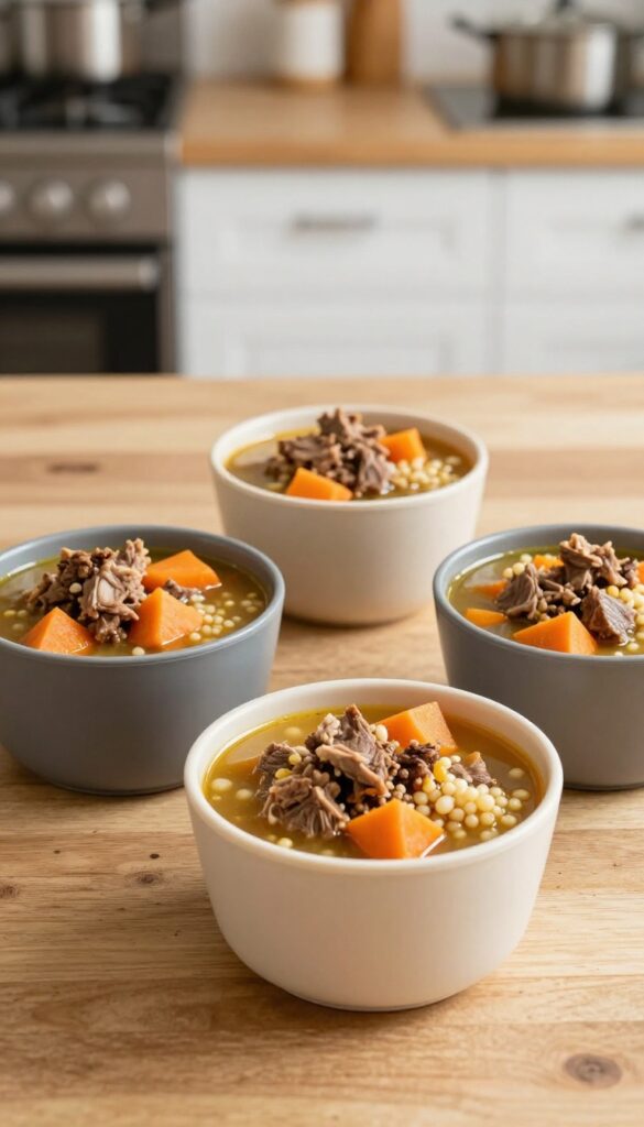 Three silicone cups filled with homemade lamb and carrot stew for dogs, arranged on a wooden table in natural light.