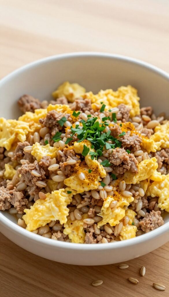 Dog bowl with pork barley breakfast scramble, topped with parsley, on a wooden table.