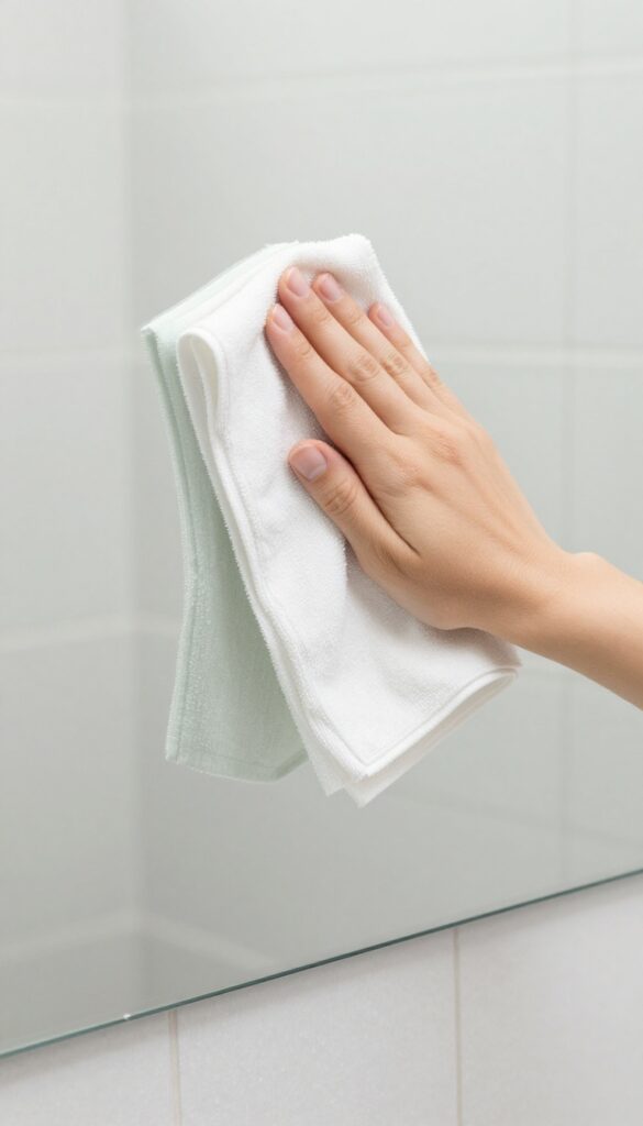 A hand wiping a clean bathroom mirror with a dry microfiber cloth, bright natural light, streak-free reflection.
