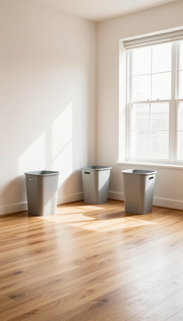 A clean, empty bedroom floor with three sorting bins, ready for decluttering.