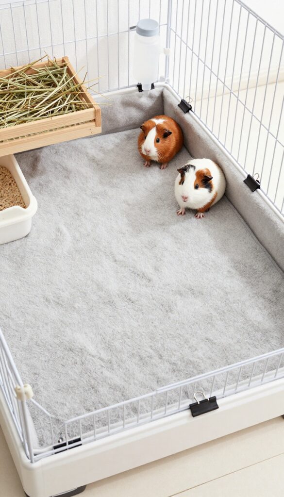 Guinea pig cage with fleece liner system, litter box, hay rack, and water bottle.