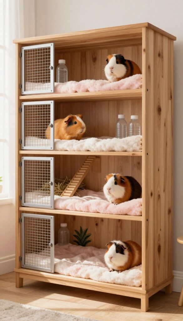 Converted bookshelf guinea pig enclosure with multi-level shelves, ramps, hideouts, and two guinea pigs exploring in a bright living room.