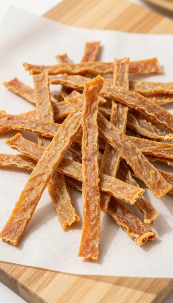 Homemade turkey and sweet potato jerky strips for dogs arranged on a baking sheet.