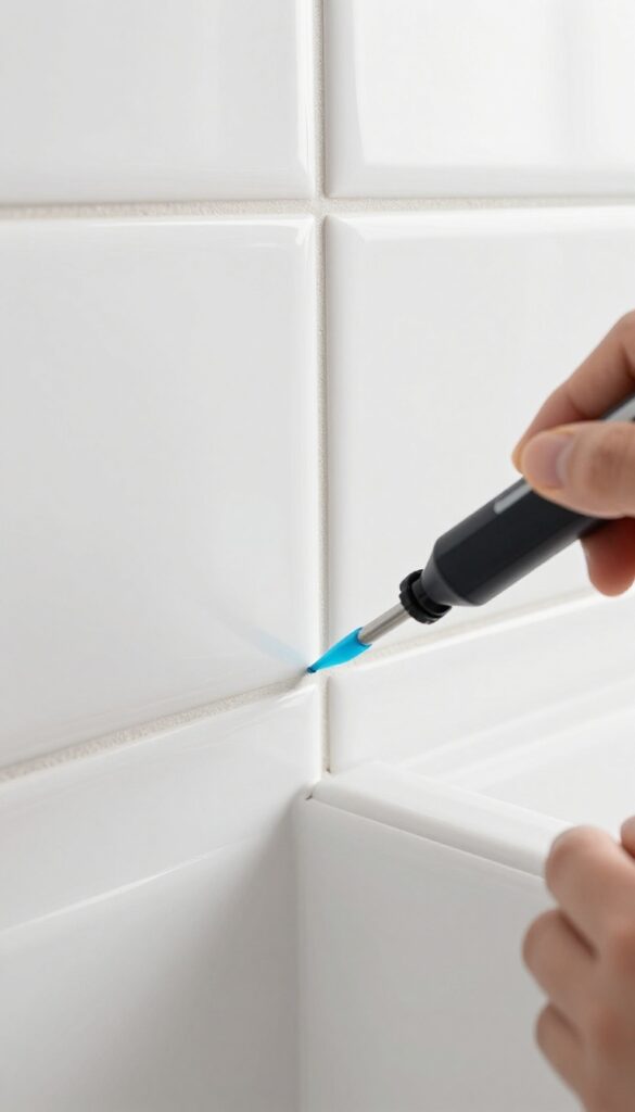 Hand using a grout cleaning pen on a kitchen backsplash, bright clean grout lines, photorealistic