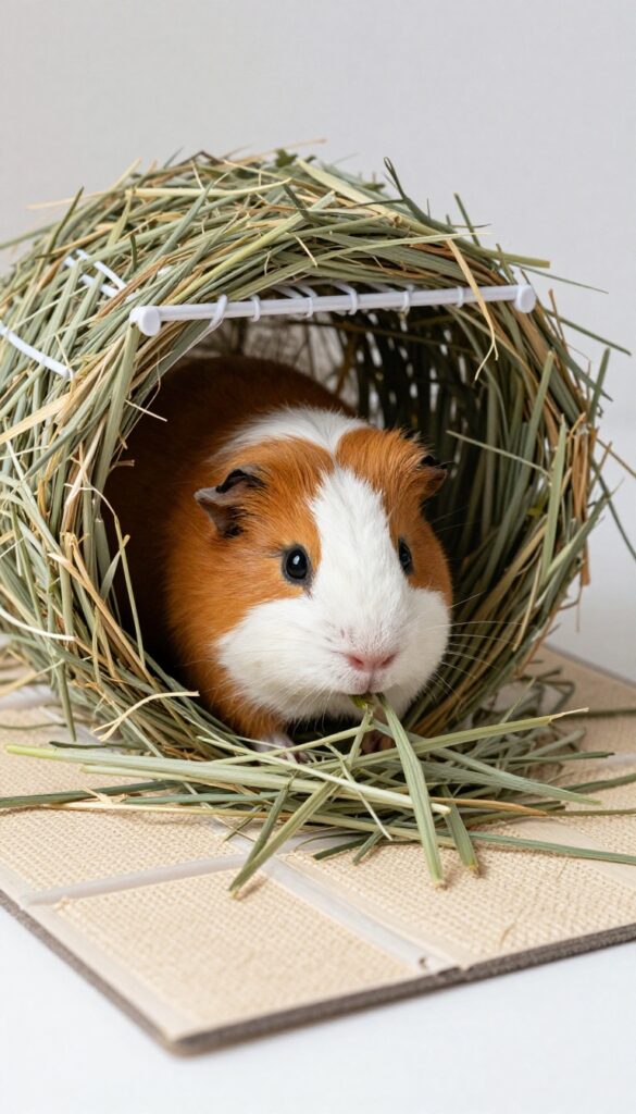 Guinea pig interacting with a hay ball and hanging hay rack in a cage with a foraging mat