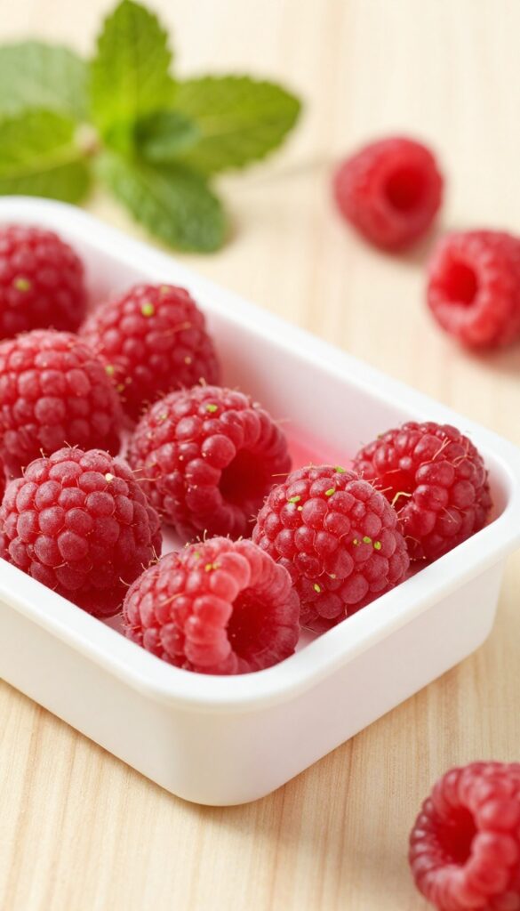 Homemade frozen dog treats in a mini ice cube tray, raspberry and mint blend, perfect for refreshing breath and cooling down.