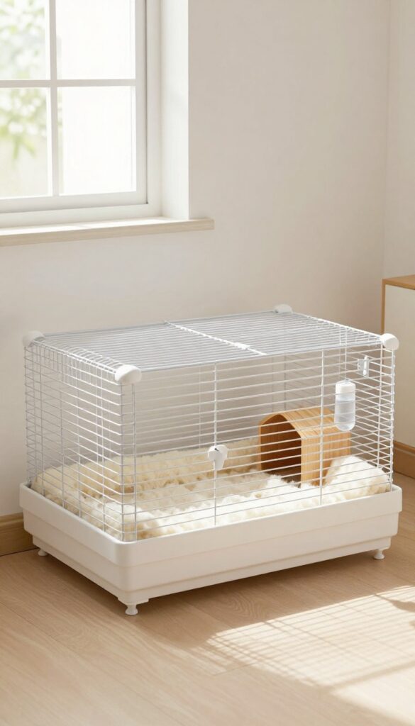 Guinea pig cage placed under a bed in a bright bedroom, showcasing a space-saving setup with wire grid cage and fleece bedding.