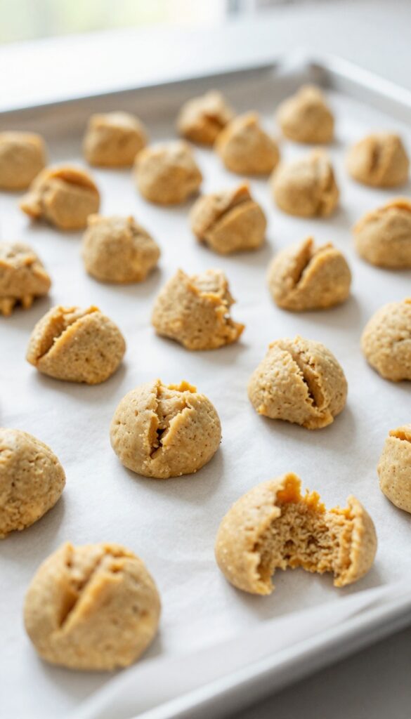 Homemade kefir and peanut butter baked dog treats on a parchment-lined baking sheet, golden brown and fork-marked.