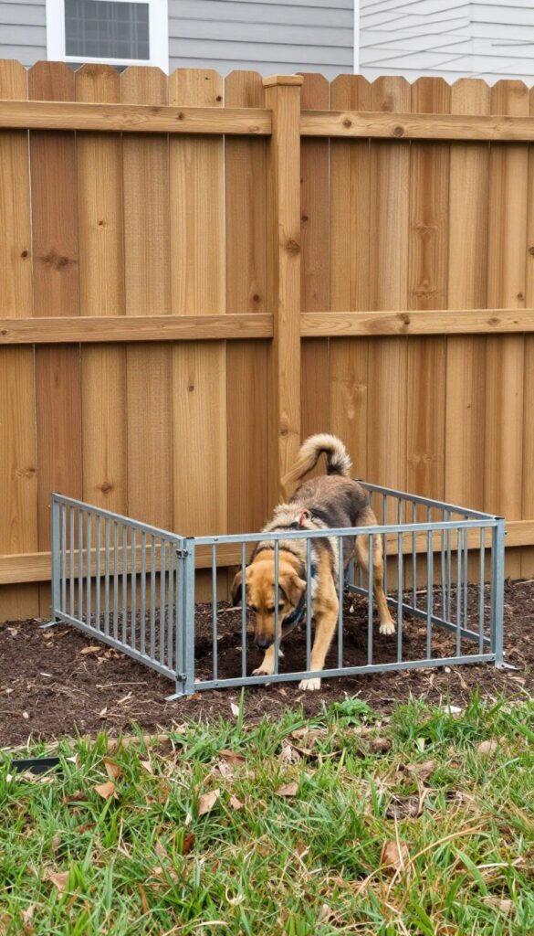 Dig guard fence panels installed at the bottom of a wooden fence in a backyard, preventing a dog from digging under.