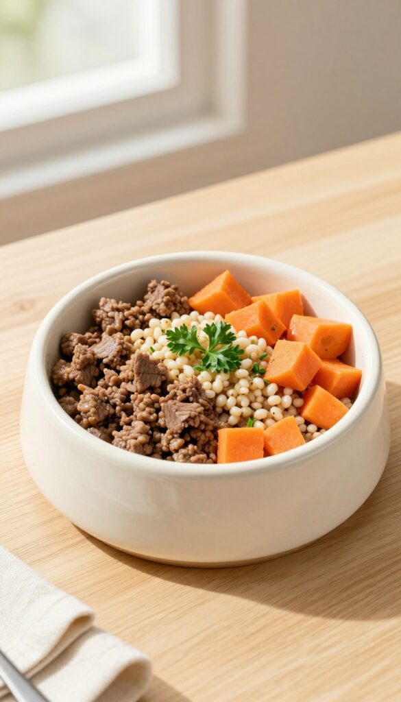 Homemade dog dinner bowl with lean ground beef, carrots, and barley in a ceramic bowl on a wooden table, natural lighting