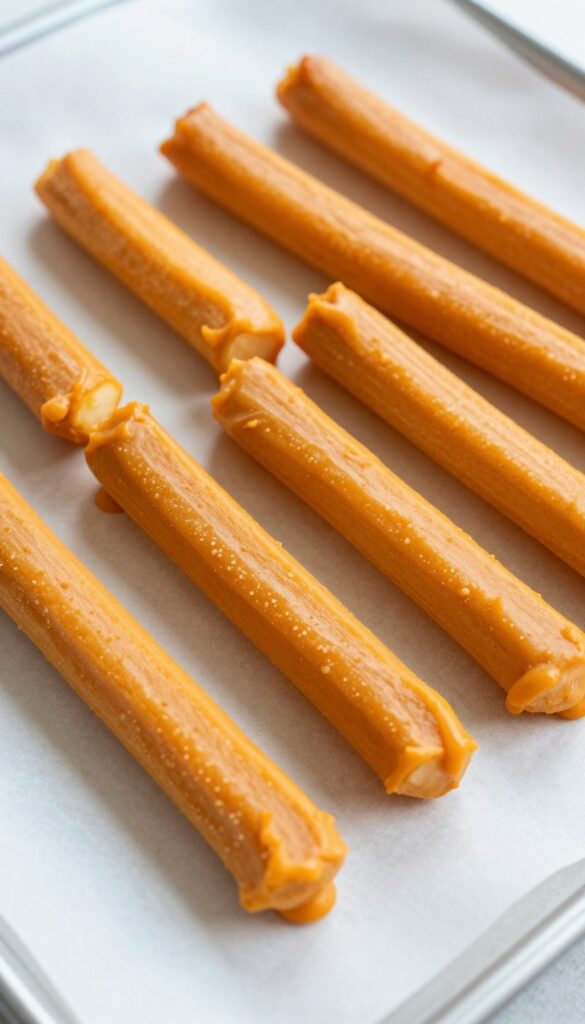 Frozen cucumber sticks coated in pumpkin puree on a parchment-lined tray, homemade dog treat
