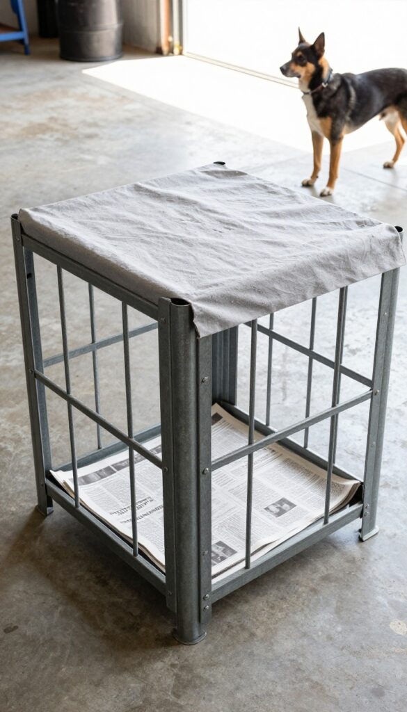 Heavy-duty foldable metal crate for large dogs in a garage or utility room, with pull-out tray and crate mat