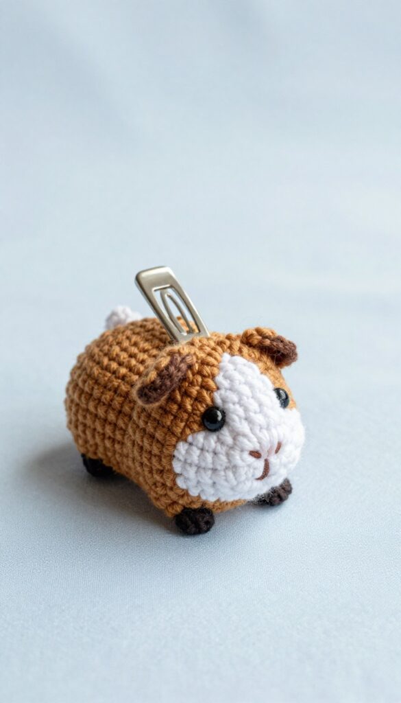 Crochet guinea pig hair clip on pastel fabric background