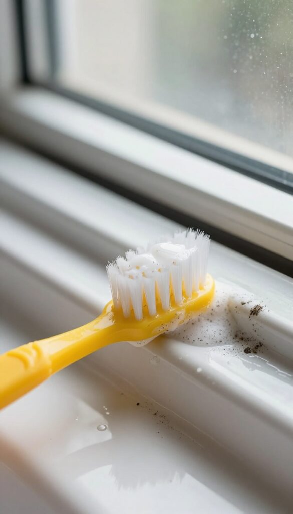 Cleaning window tracks with a toothbrush