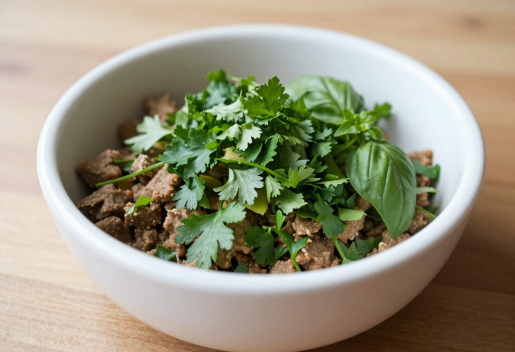 Dog bowl with homemade food topped with fresh herb sprinkles, surrounded by dried herb toppers on a wooden surface.