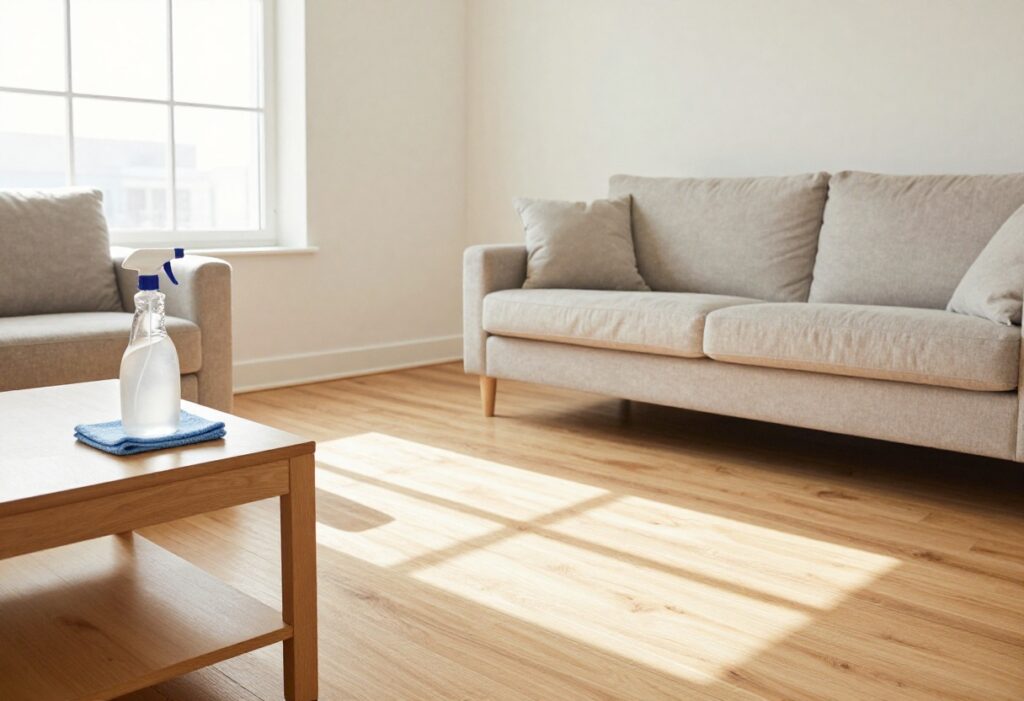 Clean and organized living room with cleaning supplies on coffee table
