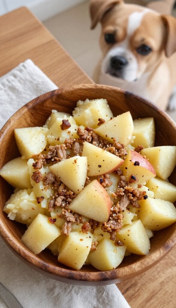 Homemade fresh dog food meal prep: pork and apple mash in a wooden bowl, with a dog in the background looking eagerly at the bowl.