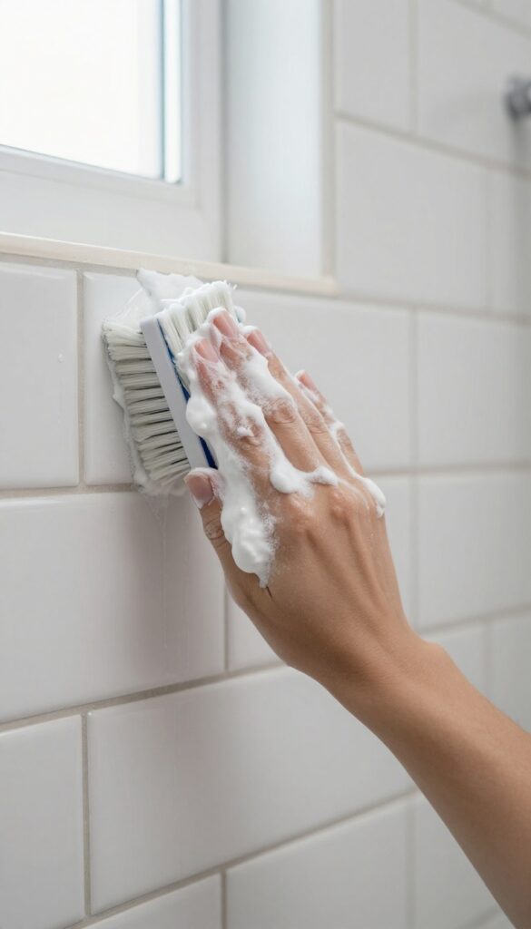 Hand applying white baking soda paste onto grout lines in a shower with white tiles and bright natural lighting.