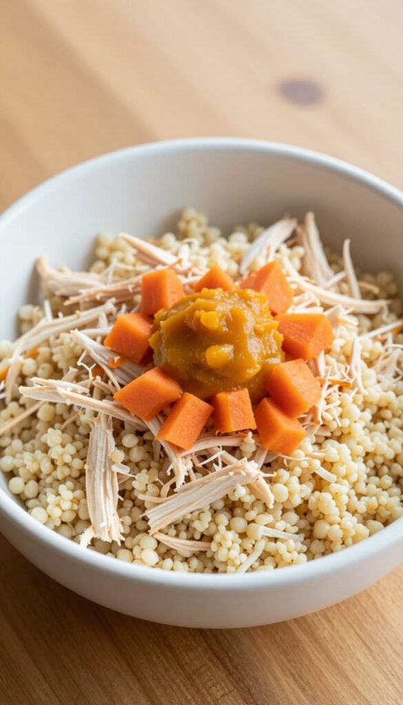Dog bowl with chicken, couscous, carrots, and pumpkin puree