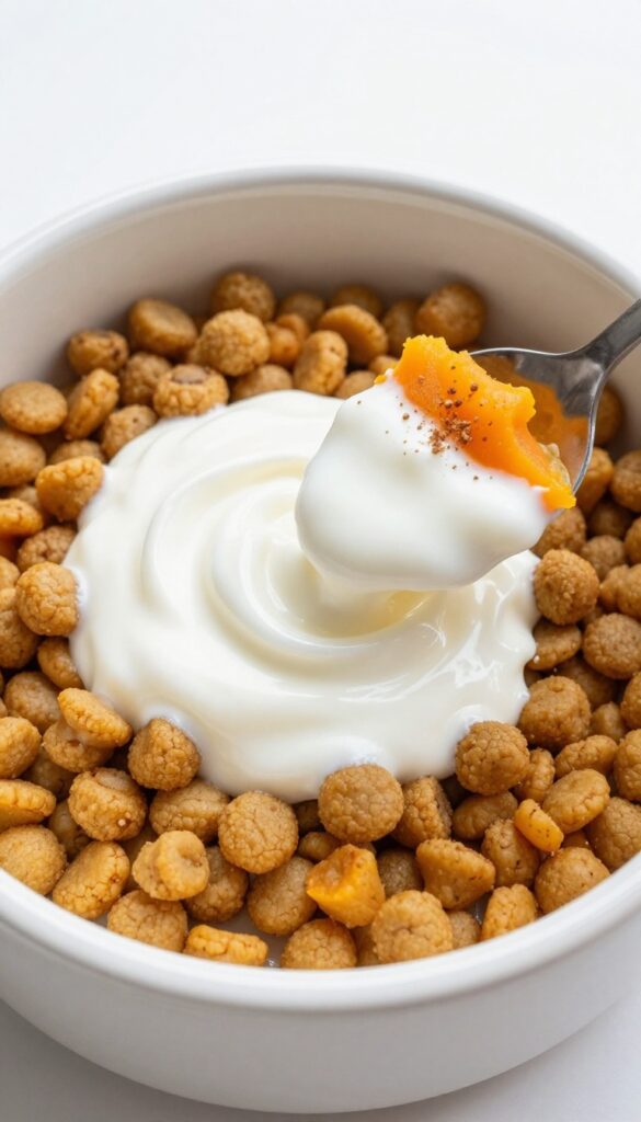 Homemade dog food topper: plain yogurt drizzled over kibble with pumpkin and cinnamon.