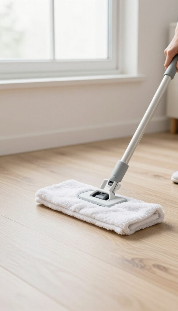 Person dry dusting vinyl plank floor with microfiber mop in bright natural light