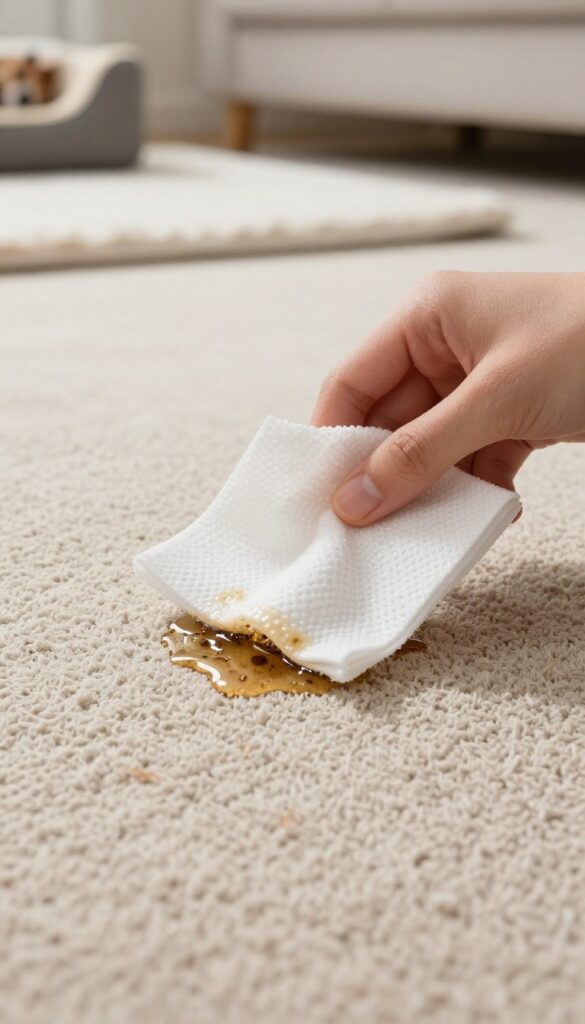 Hand using a homemade enzyme wipe to clean a pet accident on a carpet