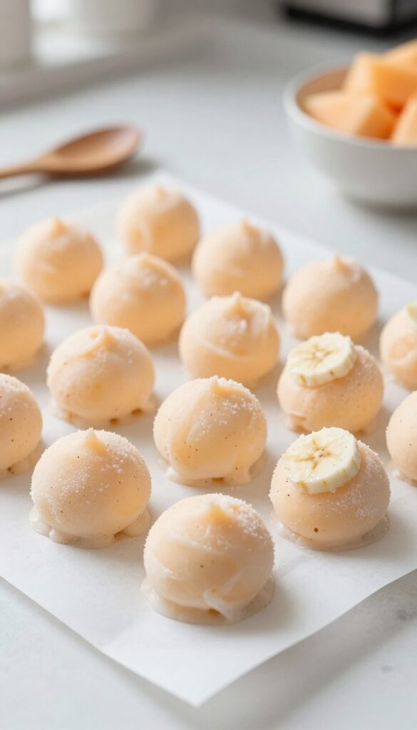Homemade frozen yogurt drops for dogs made with melon and banana on a baking sheet
