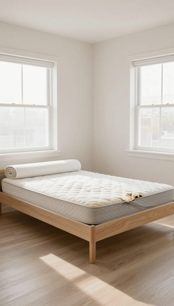 Replacing an old sagging mattress in a bright clean bedroom with a new mattress nearby