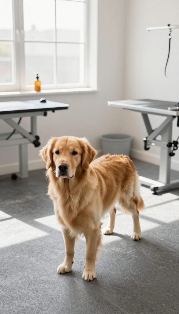 Dog standing on non-slip rubber flooring in a bright grooming salon, showing safe and comfortable surface for pets.