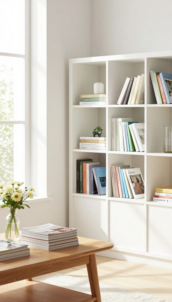 Organized coffee table with stacked magazines and bookshelf with color-arranged books in a bright living room