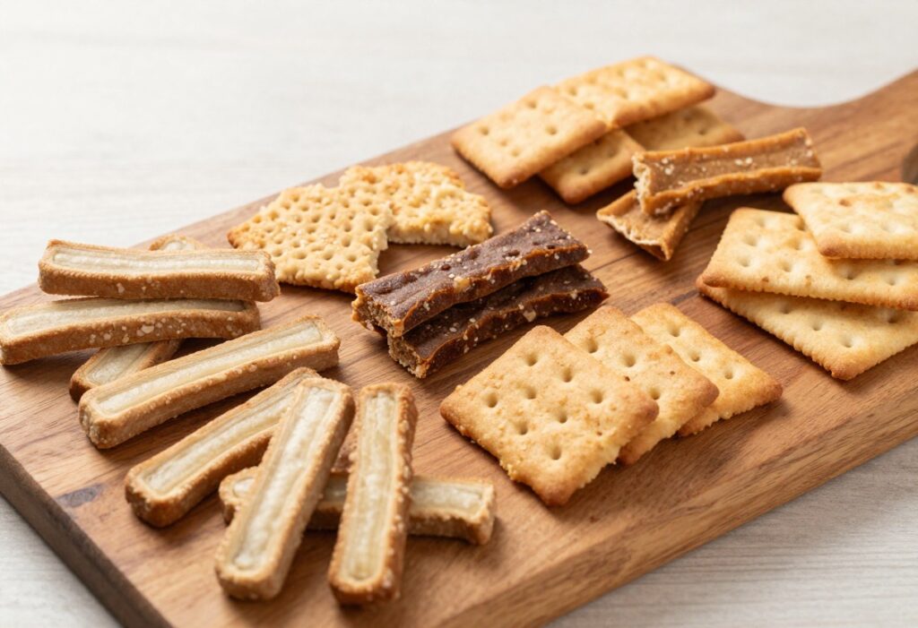 Assorted homemade dry dog treats on a wooden board