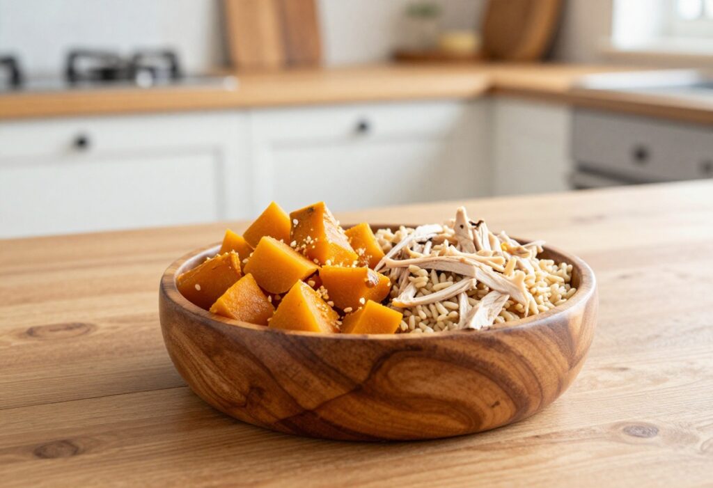 Homemade dog food with butternut squash, chicken, and rice in a wooden bowl