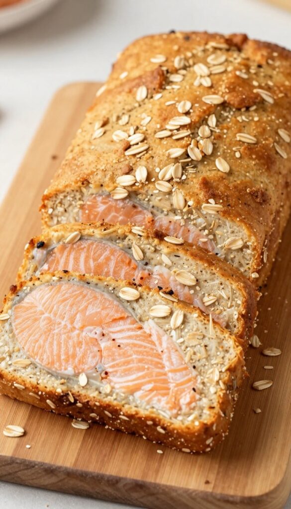 Homemade salmon and oat dog loaf sliced into portions on a wooden board, perfect for dog party meals or meal prep.