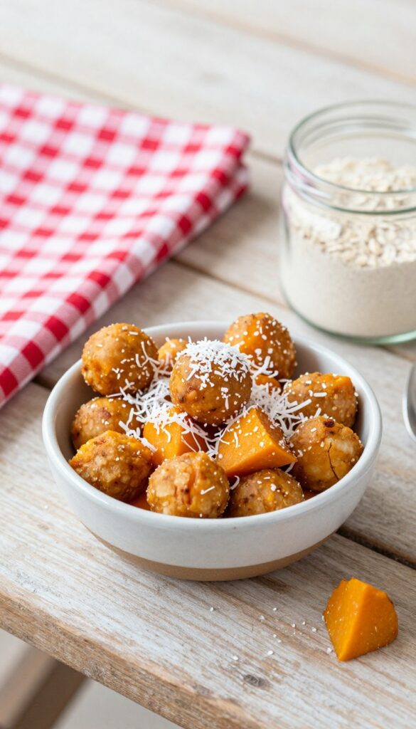 Homemade no-bake pumpkin and coconut dog treats in a bowl on a picnic table, ideal for outdoor dog-friendly snacks.