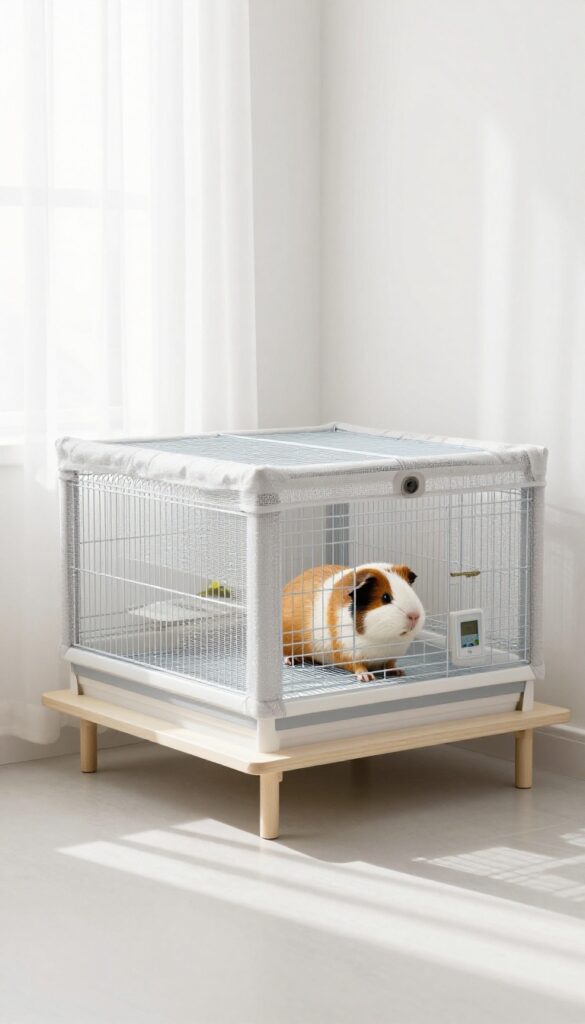 Guinea pig cage in a well-ventilated living room with mesh sides and a thermometer, away from drafts and direct sunlight.