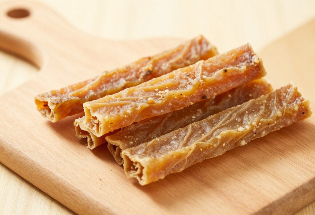 Homemade dog jerky strips on a cutting board with a dog watching