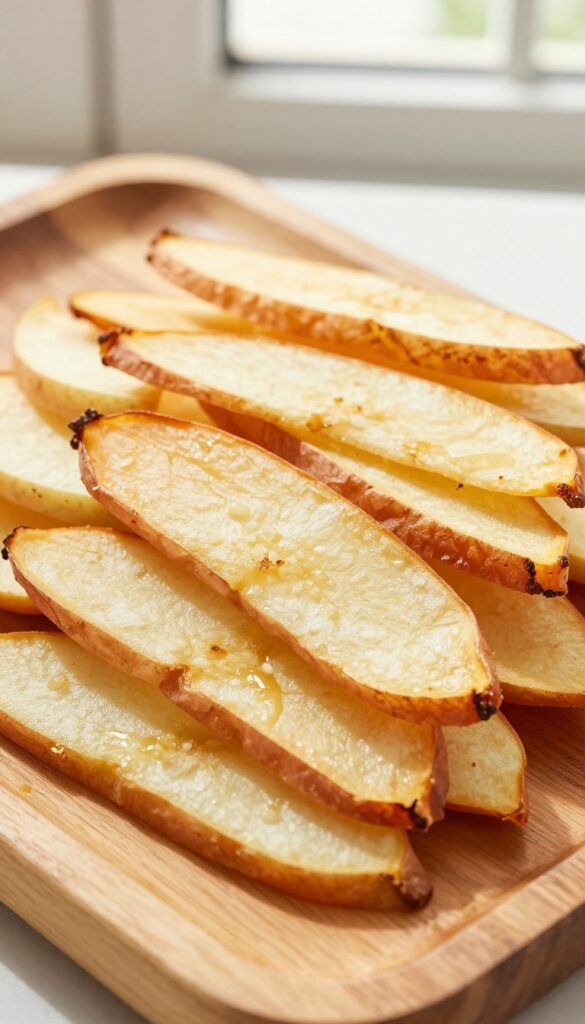 Homemade sweet potato and apple chews for dogs, arranged on a wooden platter