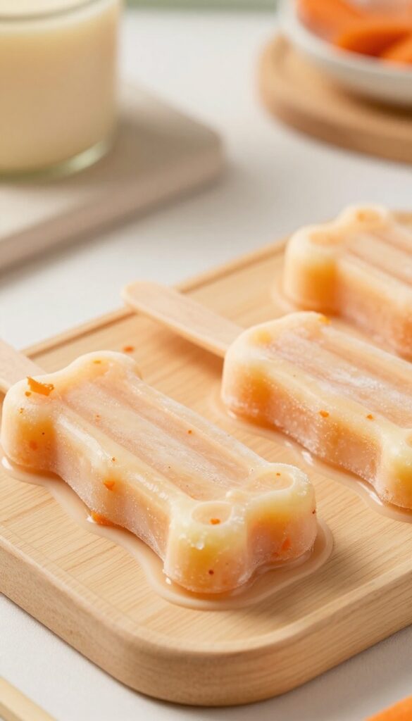 Homemade frozen kefir and carrot pup-sicles in a silicone bone-shaped mold on a wooden board, bright natural light, creamy orange treats with visible carrot specks, photorealistic pet-blog food photography.