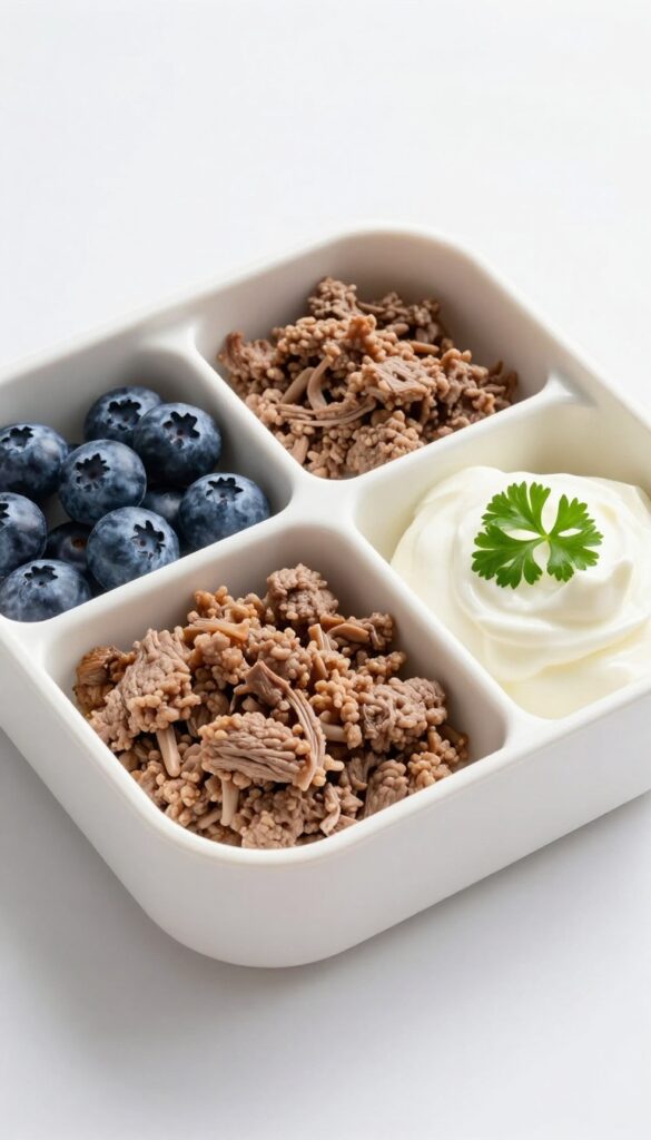 Dog bento box with beef, blueberries, and yogurt in compartments