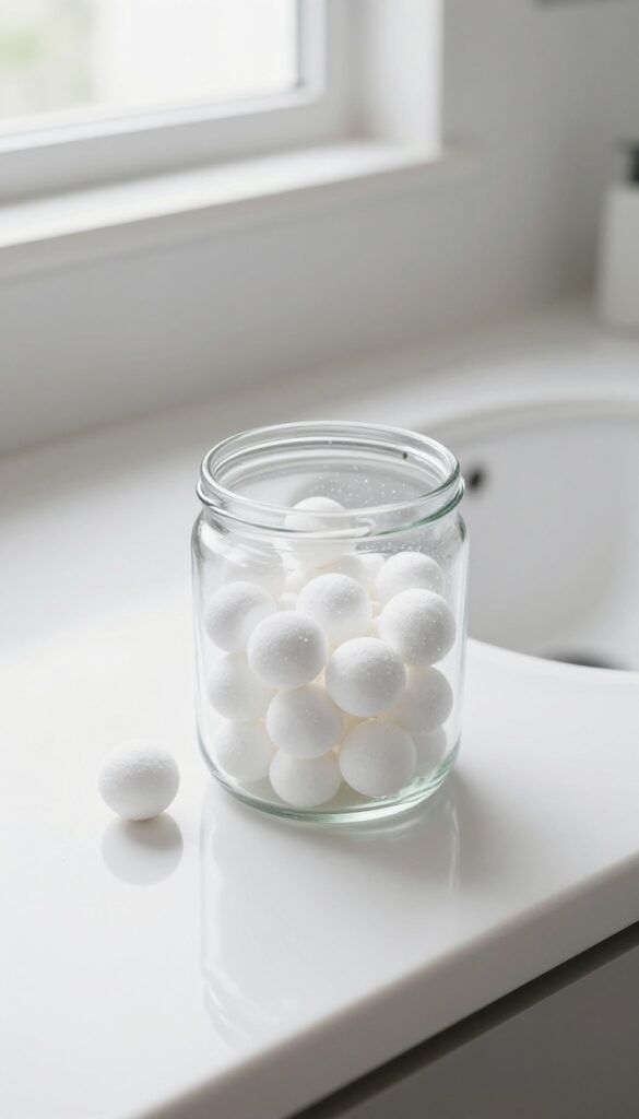 DIY natural toilet bombs in a glass jar on a bathroom counter, with one fizzing on the counter, soft natural light.
