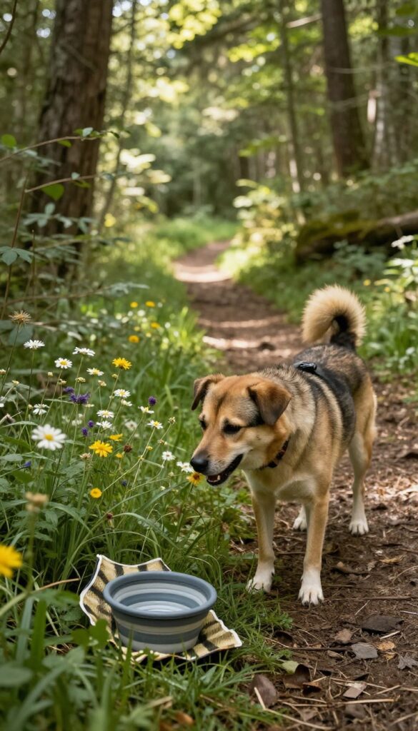 Dog sniffing wildflowers on a forest hiking trail with picnic blanket and water bowl nearby