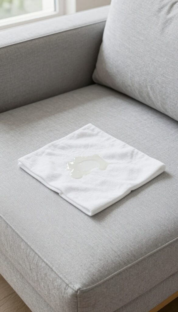 A hand blotting a fresh spill on a light gray couch with a white cloth