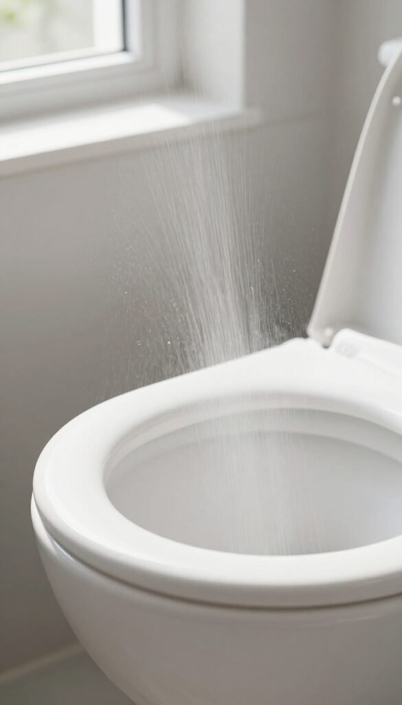 Close-up of hydrogen peroxide spray misting inside a clean white toilet bowl, with natural light and gentle bubbles.