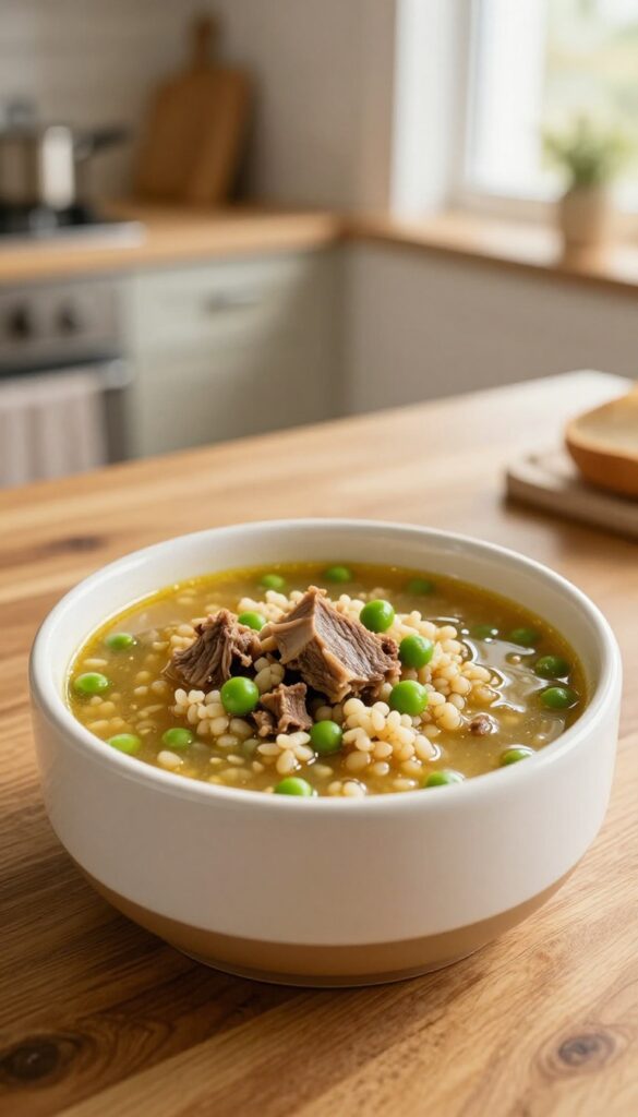 Dog bowl filled with homemade lamb and barley soup for dogs, showing ground lamb, barley, and peas in broth.