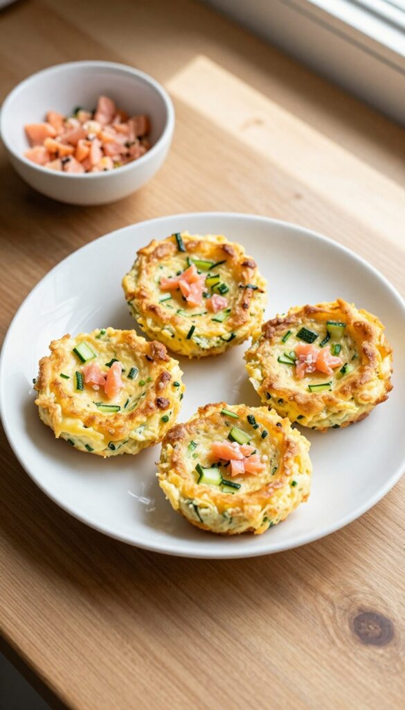 Homemade salmon and zucchini egg bites for dogs, arranged on a white plate with natural lighting and wooden table background.