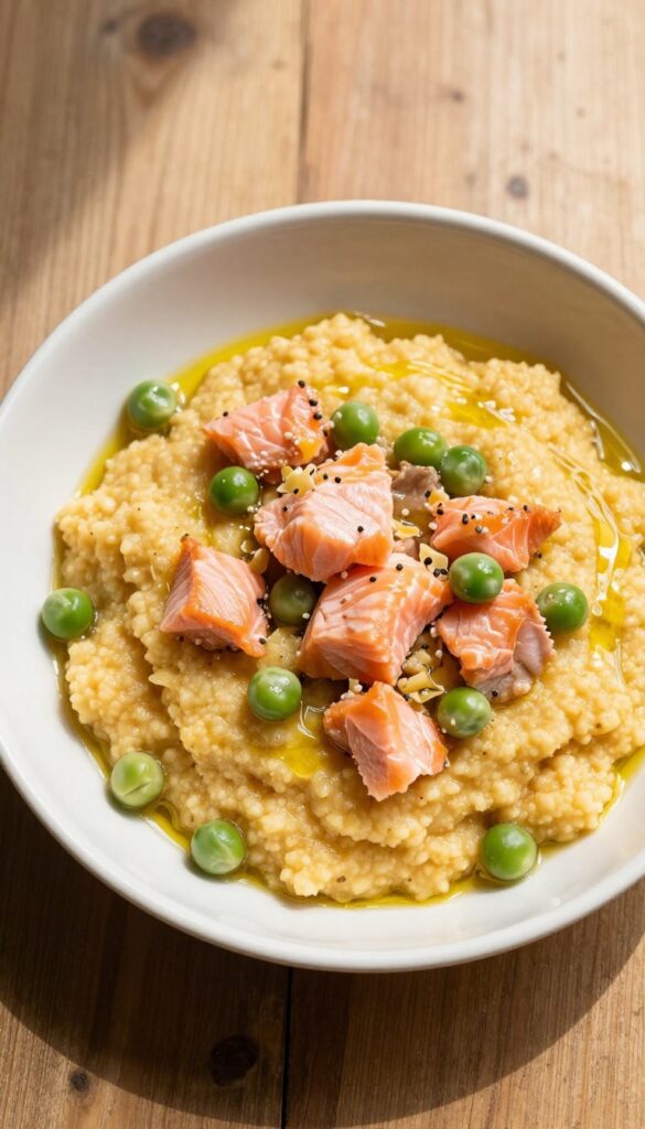 Warm polenta bowl for dogs with flaked salmon and peas, drizzled with olive oil, on a wooden table in natural light.