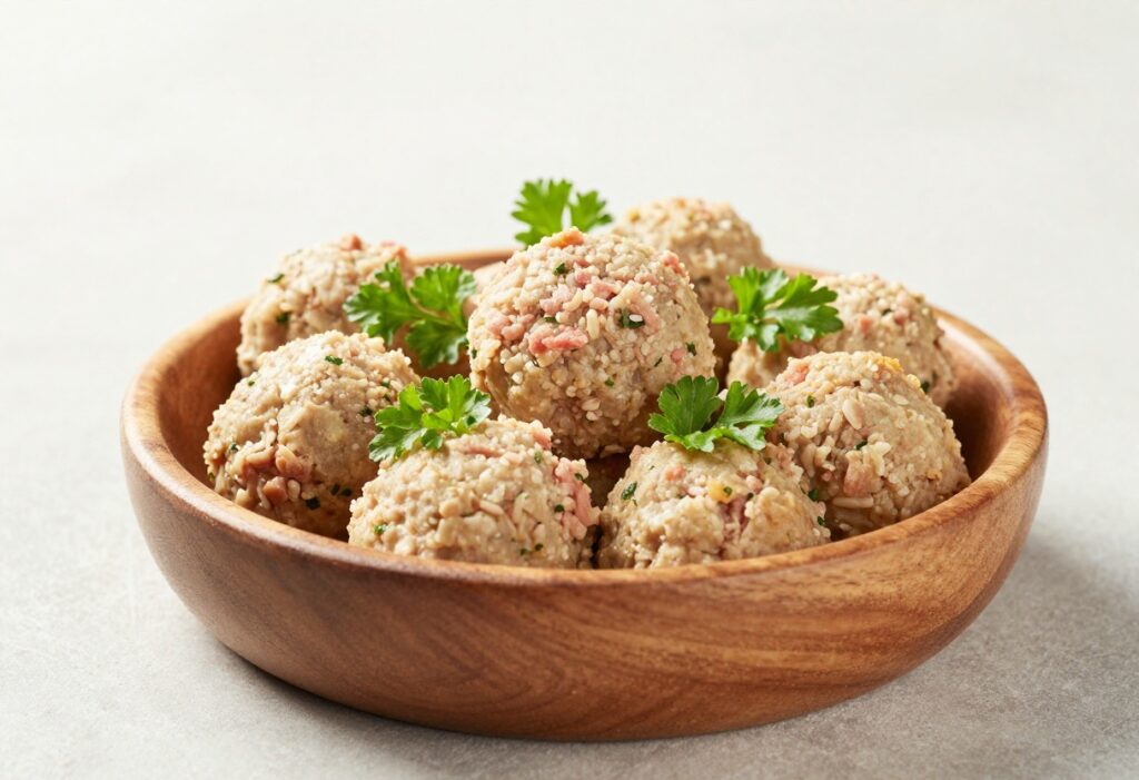 Homemade dog meatballs in a wooden bowl with ingredients on the side.