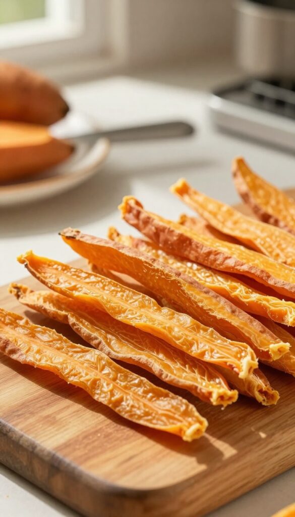 Homemade dehydrated sweet potato chews for dogs, arranged on a wooden cutting board in natural light.