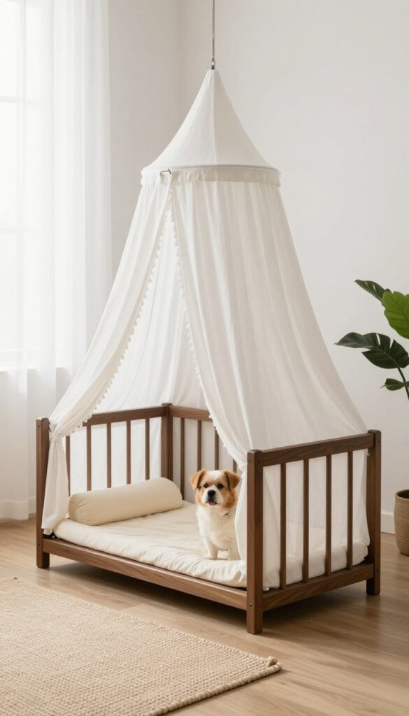 Luxury indoor dog crate with white linen canopy, wooden frame, and plush bed in a bright room