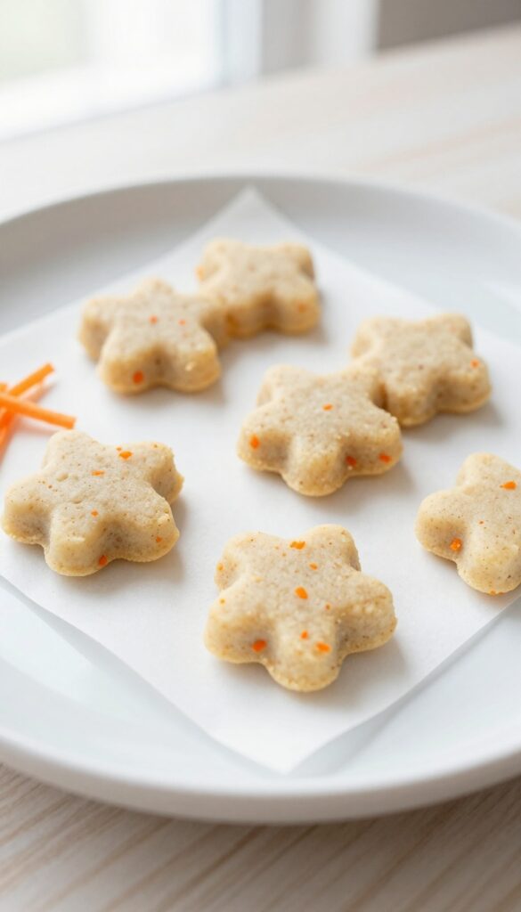 Homemade no-bake cottage cheese and carrot dog treats on a parchment-lined tray, close-up overhead view.
